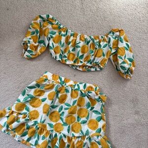 Two-Piece Citrus Print Crop Top & Skirt Set - Yellow/Green/White